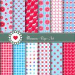 Digital Paper - Scrapbooking - Red - Light Blue - Pink - Printables - DIY Projects - Personal and Commercial Use - 1381