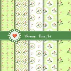 Vintage Flowers Digital Scrapbooking Paper - Green - Shabby Chic - Download Image - Cardmaking - Wedding - Decoupage