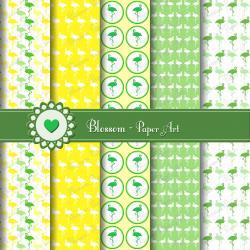 Flamingo Green Yellow Digital Scrapbooking Paper - Cardmaking - Decoupage - Collage Sheet - Download Images - Blossom Paper Art