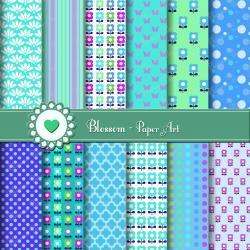 Digital Paper - Blue Green Violet Turquoise - Flowers - DIY Projects - Personal and Commercial Use - 1384