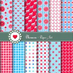 Digital Paper - Scrapbooking - Red - Light Blue - Pink - Printables - DIY Projects - Personal and Commercial Use - 1381