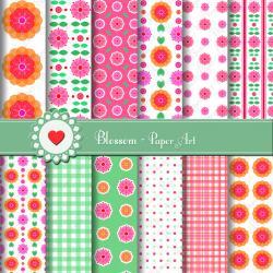 Pink Orange Flowers Digital Printable Paper Sheets - Scrapbooking - DIY Projects - Personal and Commercial Use - 1493